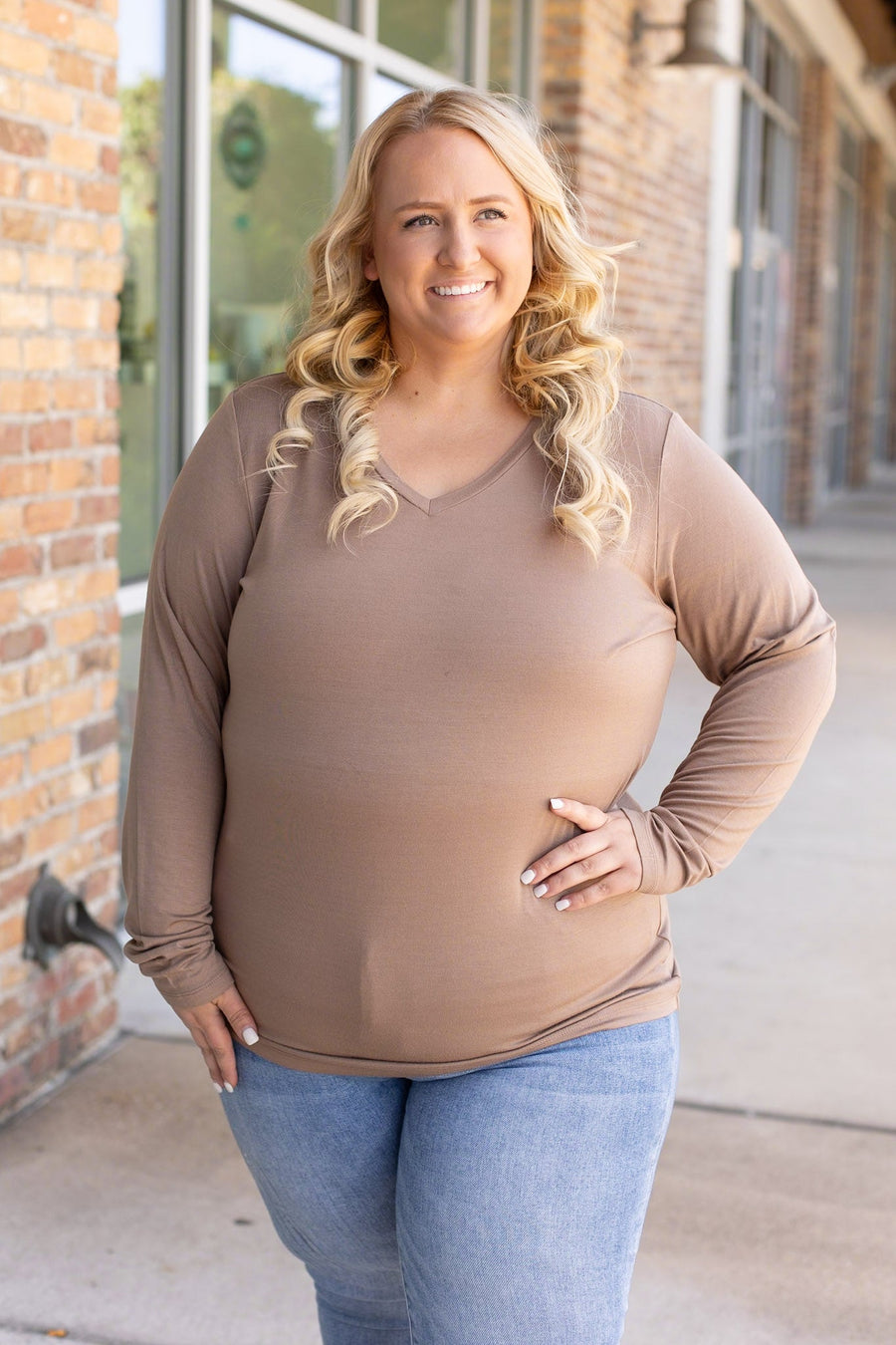 IN STOCK Larissa Long Sleeve - Mocha | Women's V-Neck Top