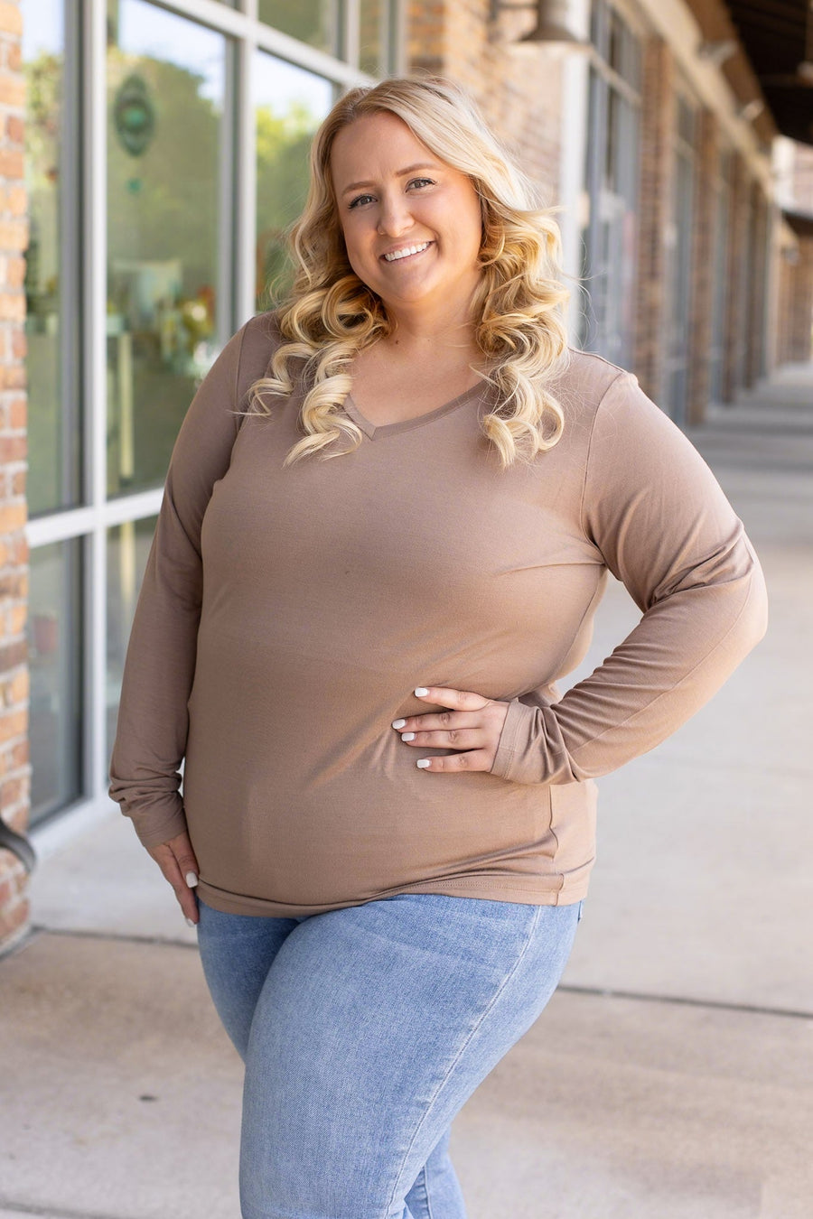 IN STOCK Larissa Long Sleeve - Mocha | Women's V-Neck Top