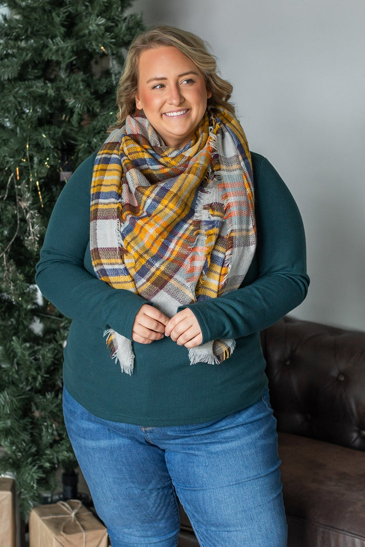 Blanket Scarf - Mustard and Blue Plaid | Women's Scarf 