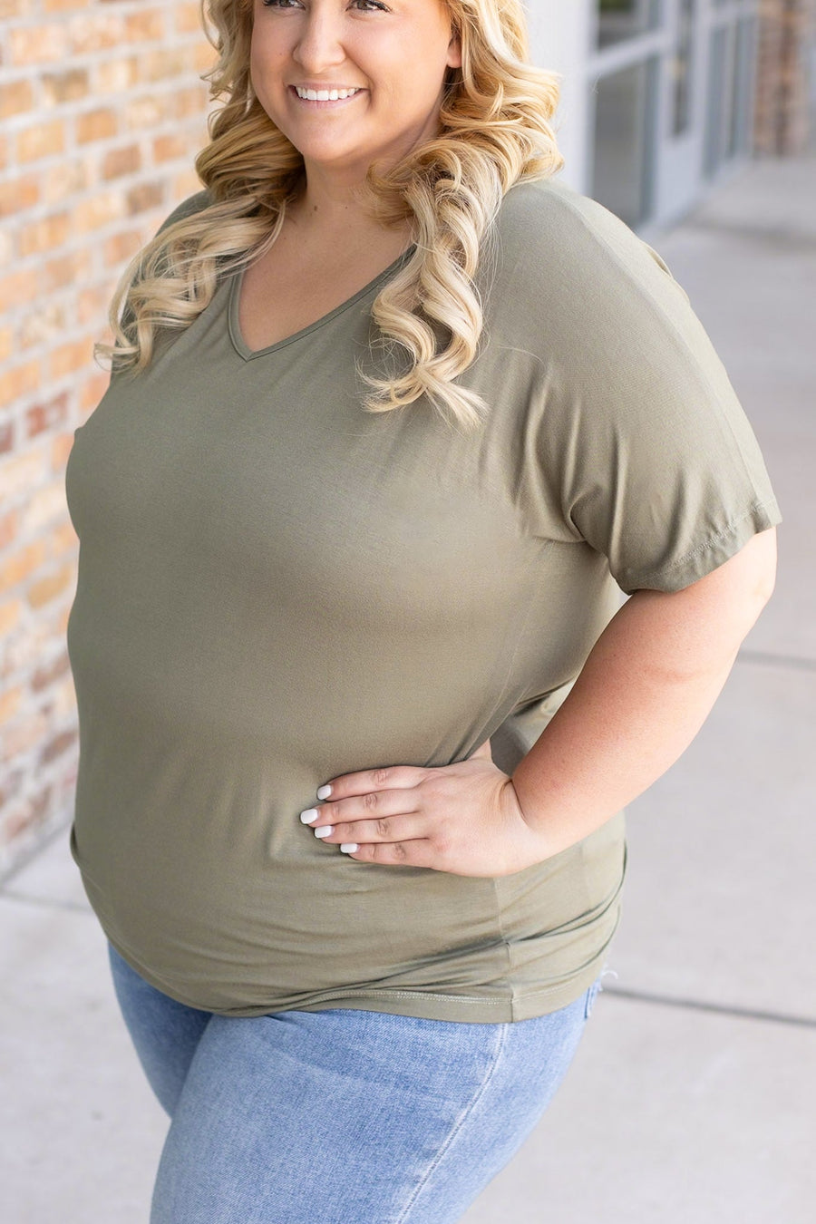 IN STOCK Chloe Cozy Tee - Olive | Women's V-Neck Top