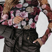 Floral Mock Neck Long Sleeve Mesh Top