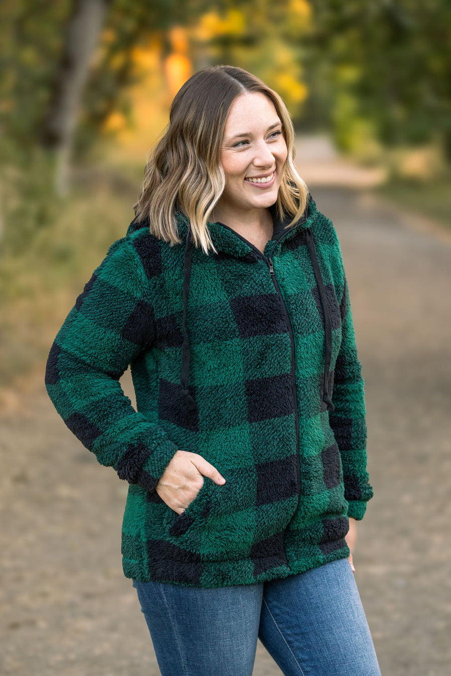 IN STOCK Sherpa Fullzip Hoodie - Green Plaid