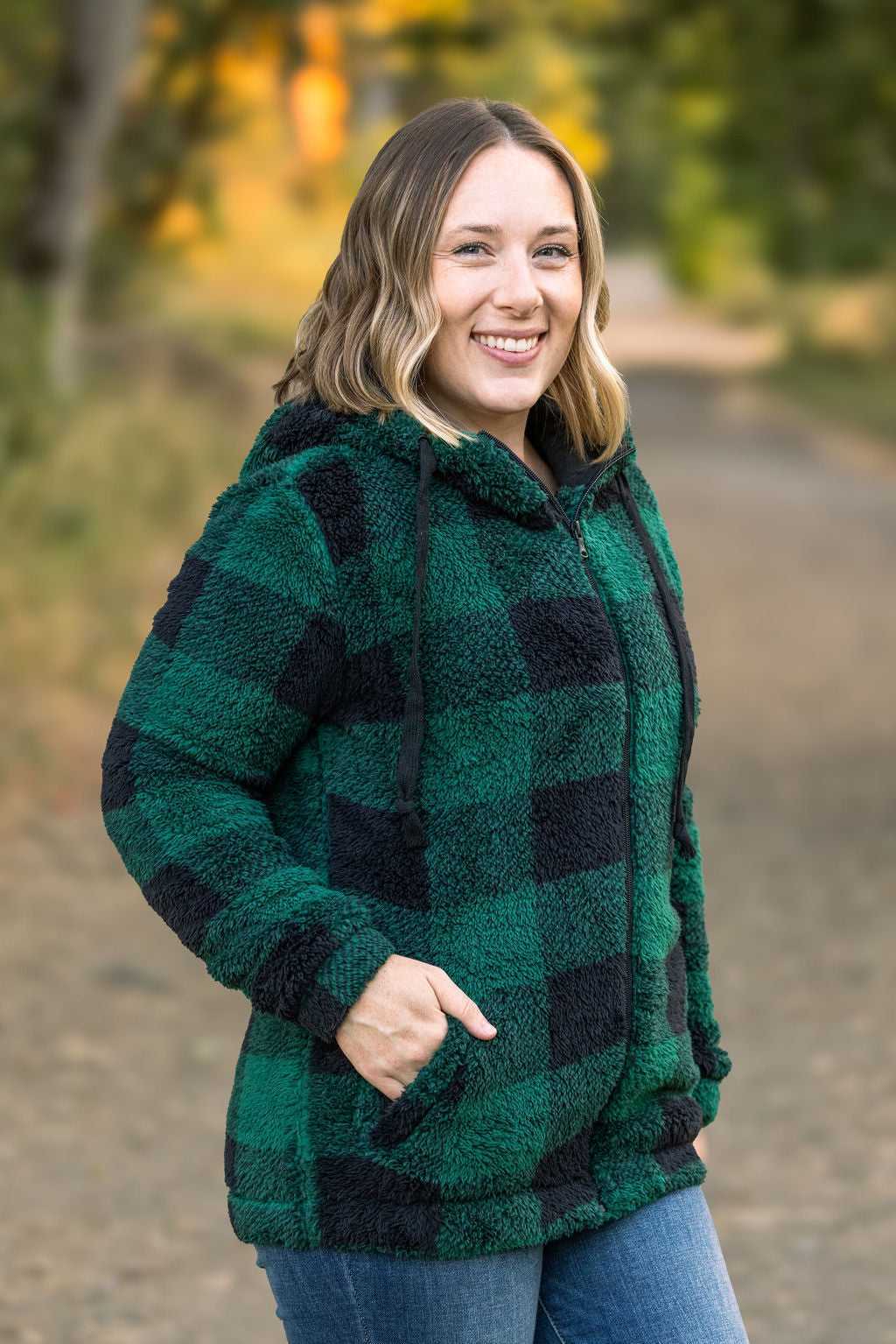 IN STOCK Sherpa Fullzip Hoodie - Green Plaid