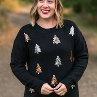 IN STOCK Holly Jolly Sweater - Gold + Silver Trees