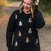 IN STOCK Holly Jolly Sweater - Gold + Silver Trees