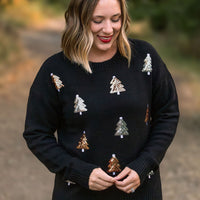 IN STOCK Holly Jolly Sweater - Gold + Silver Trees