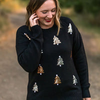 IN STOCK Holly Jolly Sweater - Gold + Silver Trees