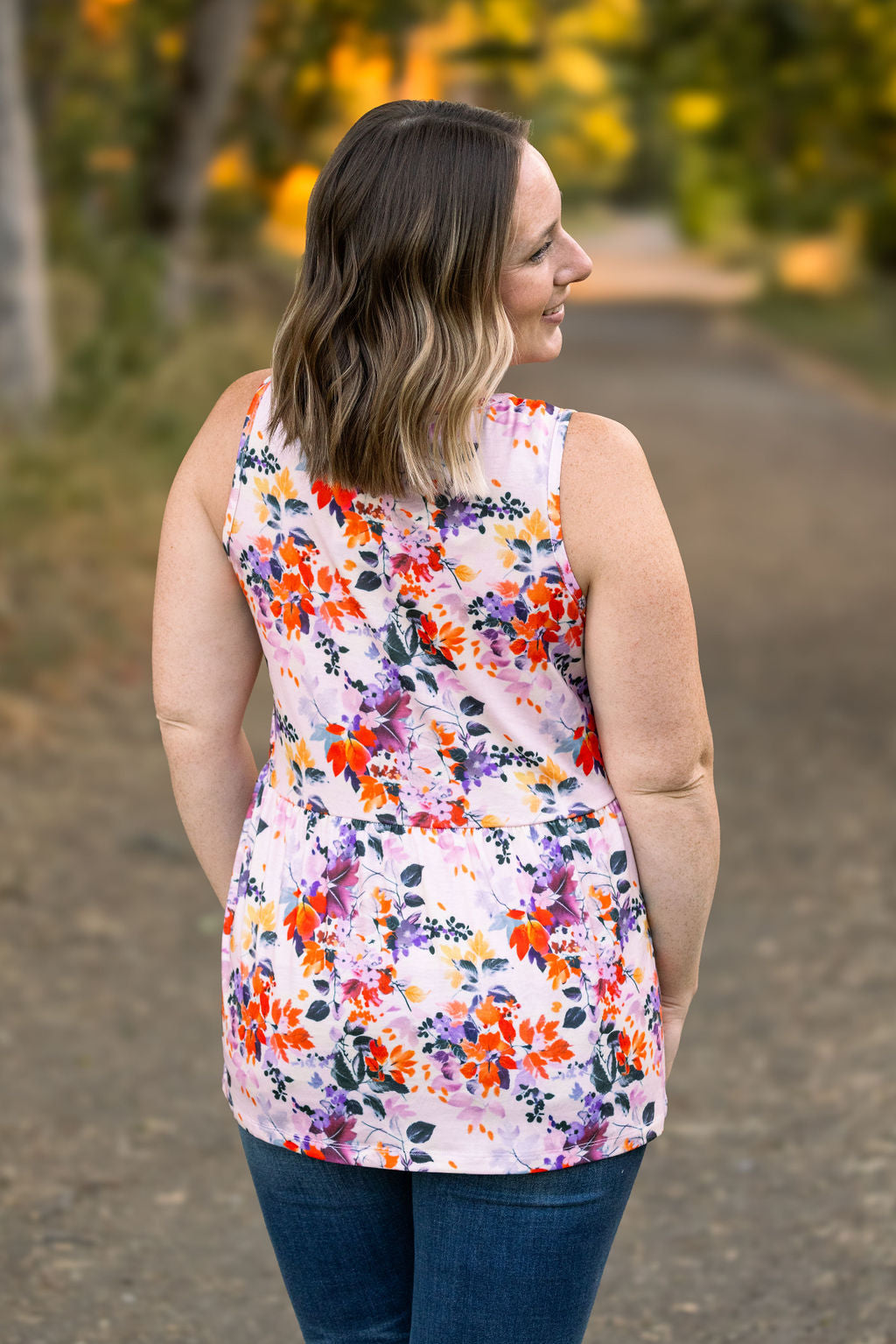 IN STOCK Renee Ruffle Tank - Fall Floral Leaves