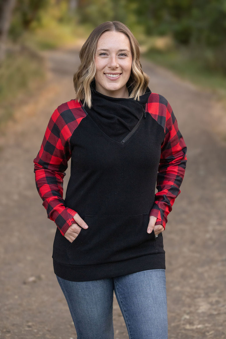 IN STOCK Zoey ZipCowl - Black and Buffalo Plaid