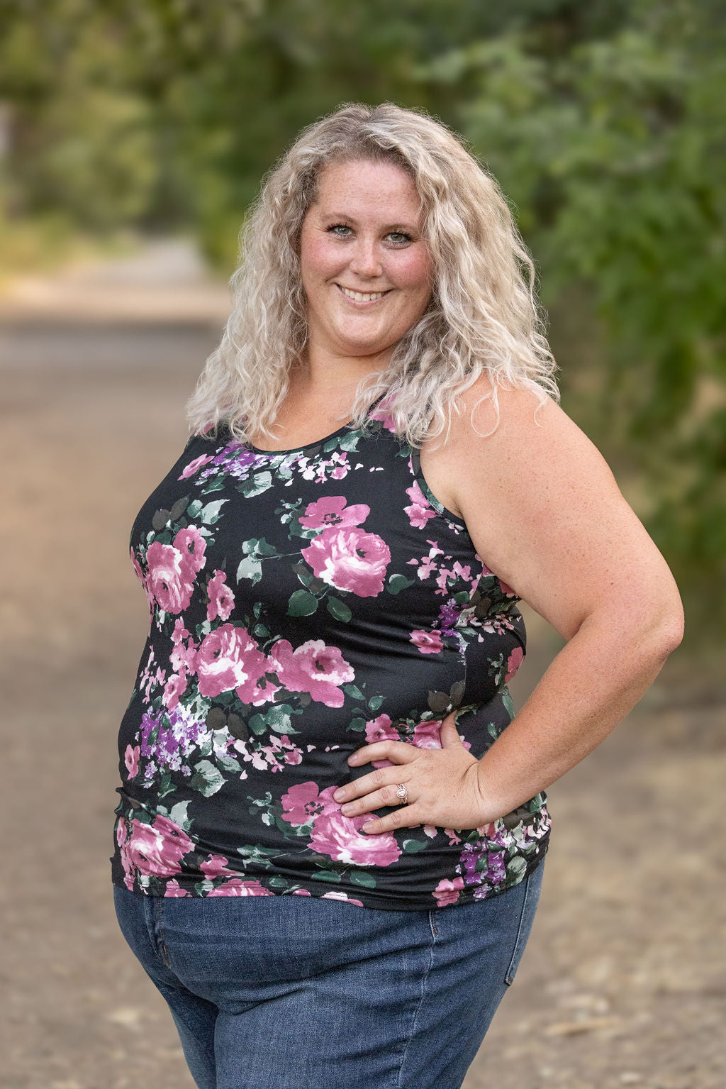 IN STOCK  Luxe Crew Tank - Black and Mauve Floral | Women&