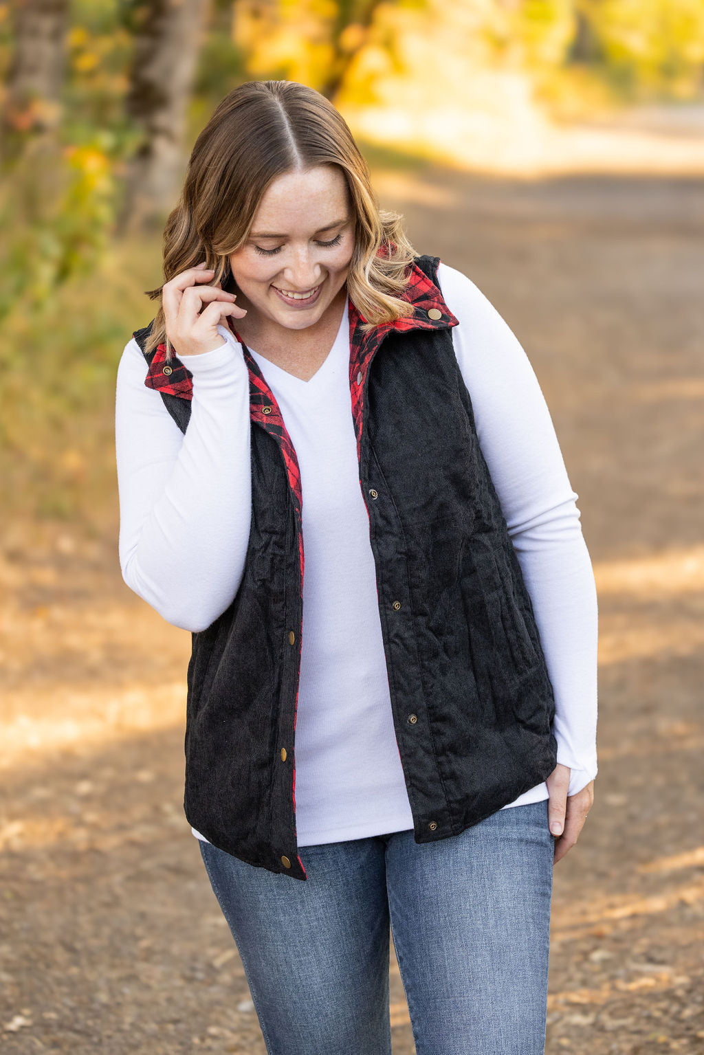 IN STOCK Reversible Vest - Corded Black and Plaid