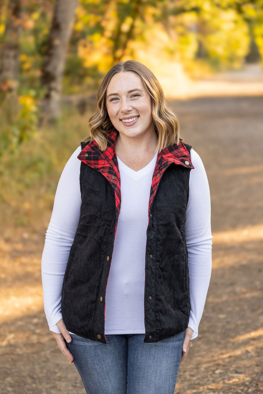 IN STOCK Reversible Vest - Corded Black and Plaid