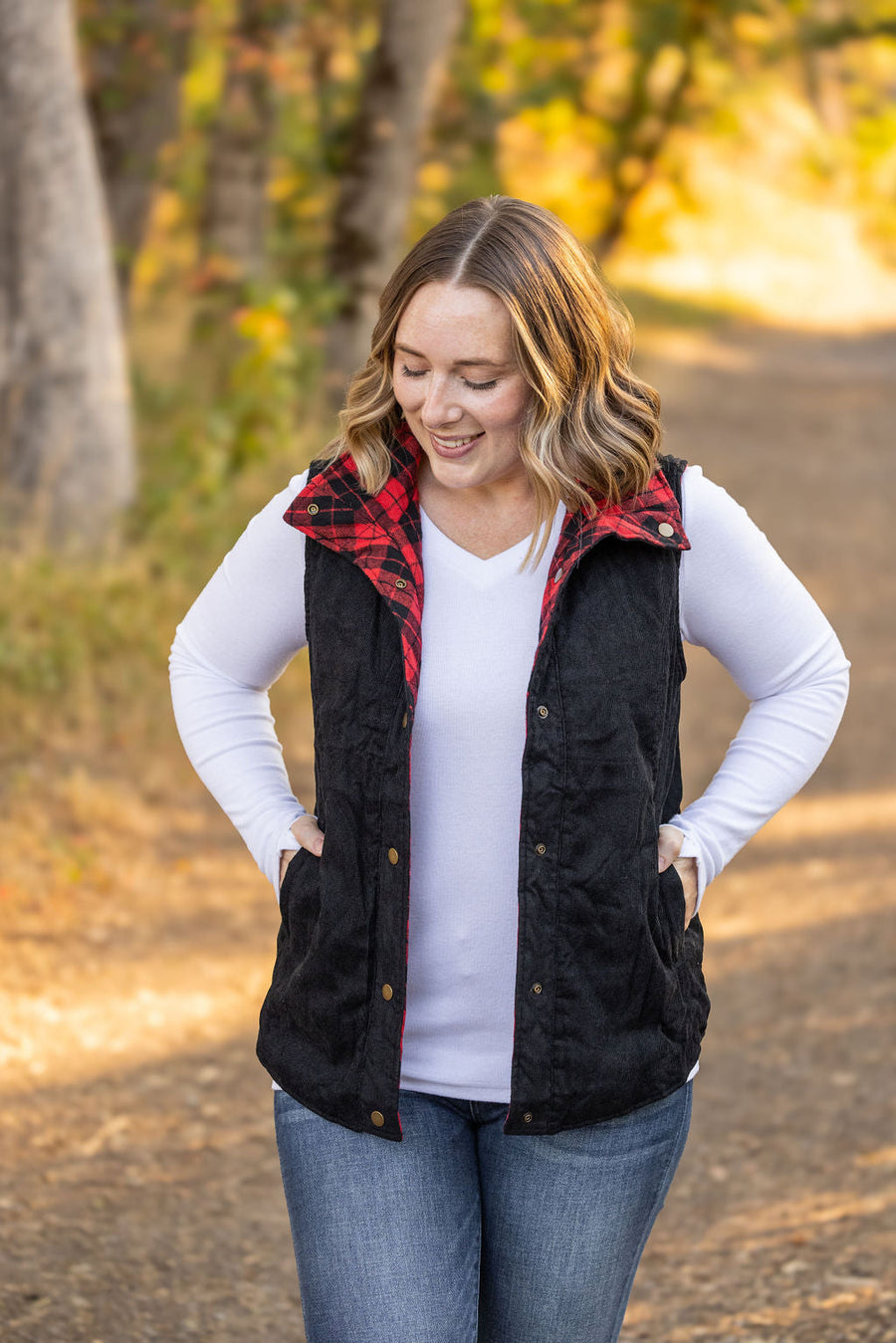 IN STOCK Reversible Vest - Corded Black and Plaid