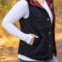 IN STOCK Reversible Vest - Corded Black and Plaid