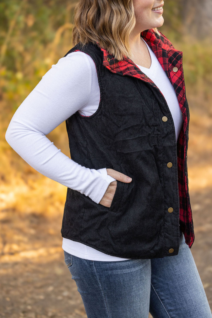 IN STOCK Reversible Vest - Corded Black and Plaid