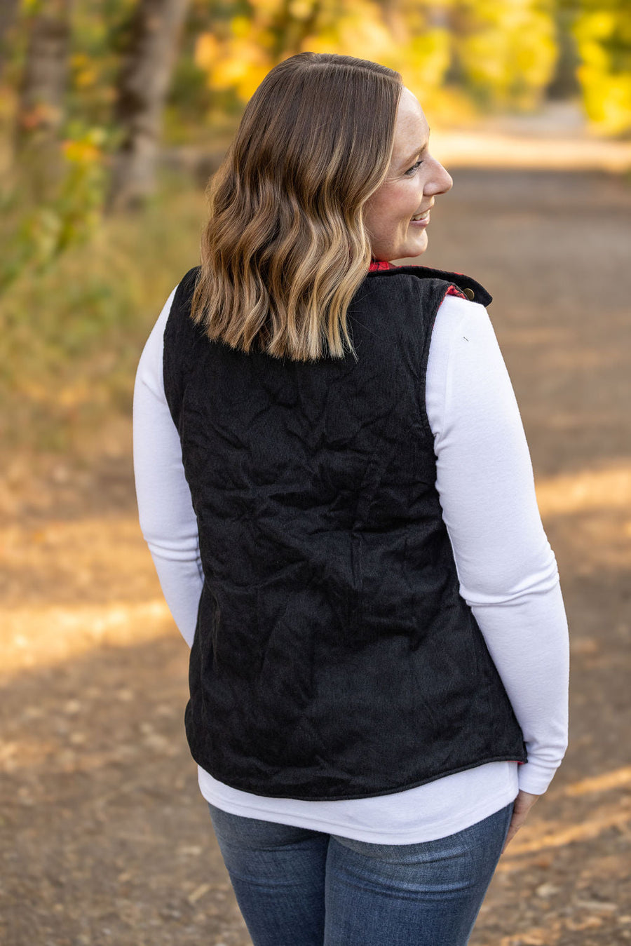 IN STOCK Reversible Vest - Corded Black and Plaid