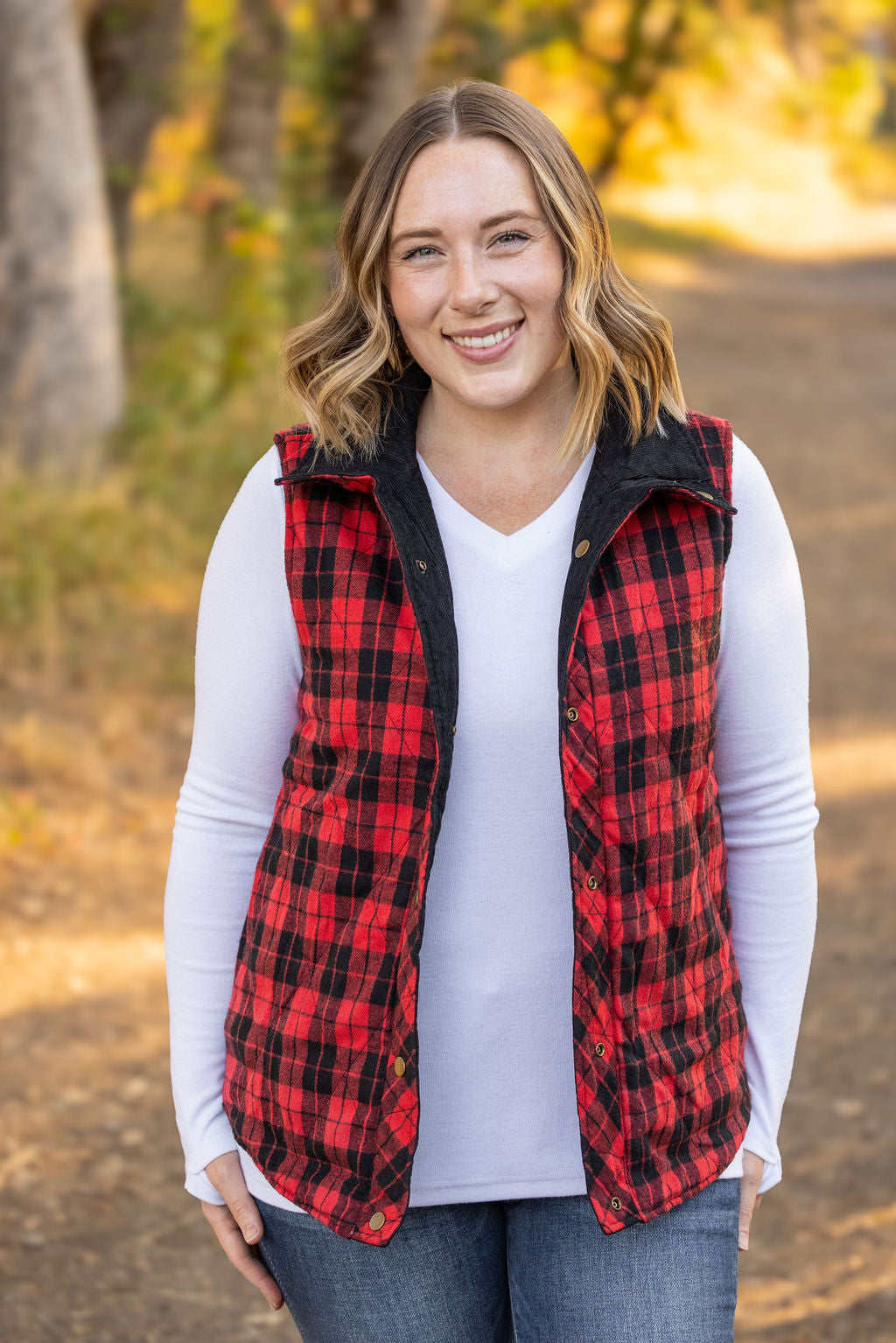 IN STOCK Reversible Vest - Corded Black and Plaid