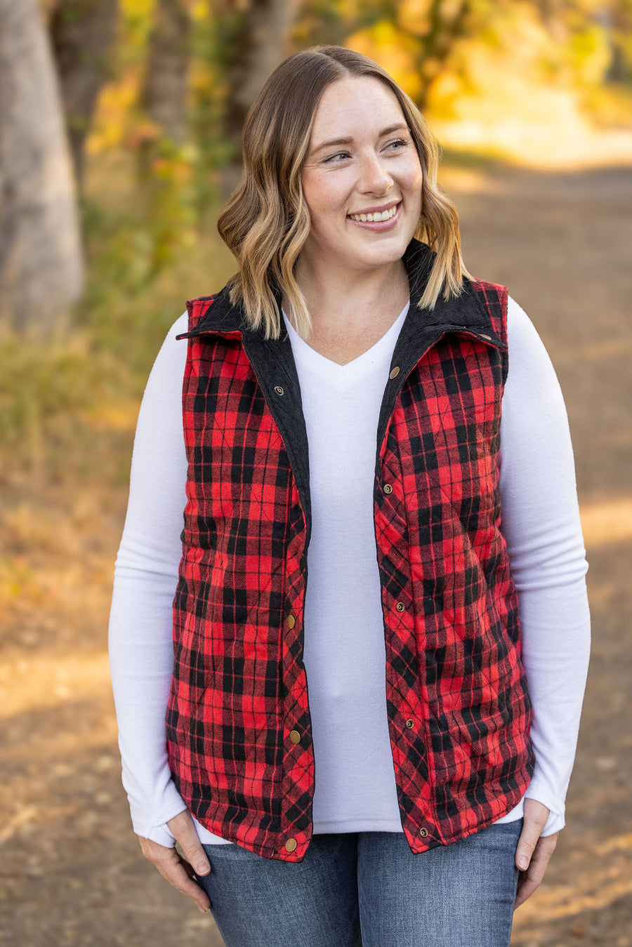 IN STOCK Reversible Vest - Corded Black and Plaid