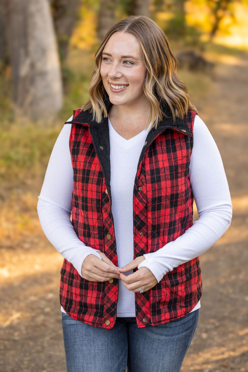 IN STOCK Reversible Vest - Corded Black and Plaid