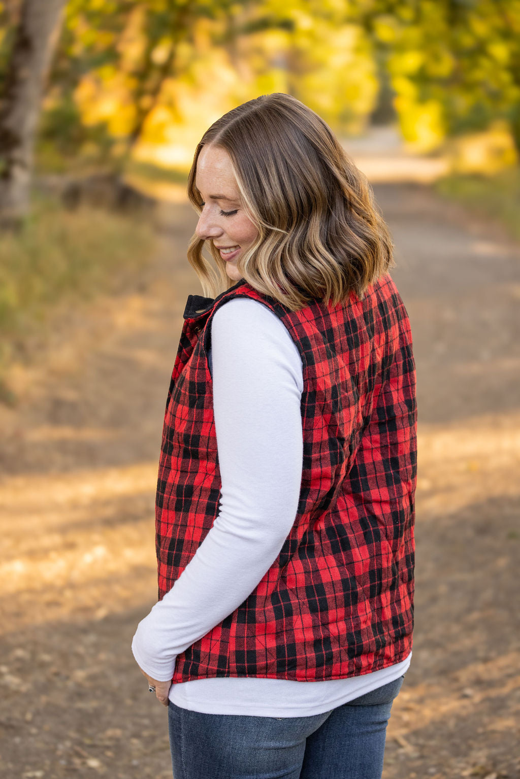 IN STOCK Reversible Vest - Corded Black and Plaid