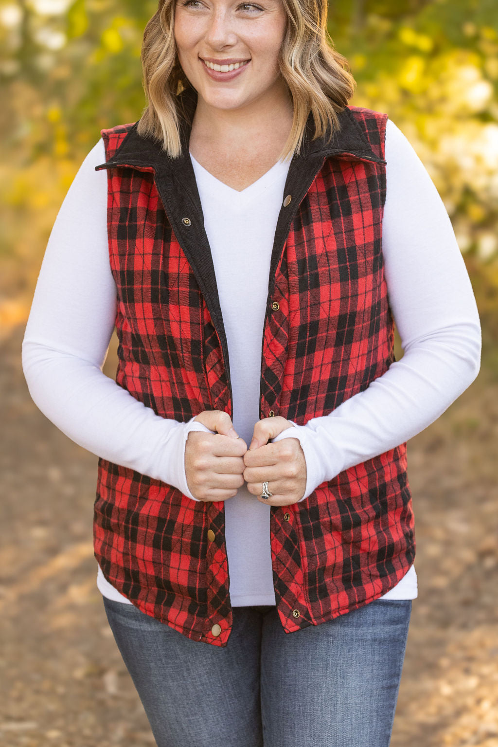 IN STOCK Reversible Vest - Corded Black and Plaid