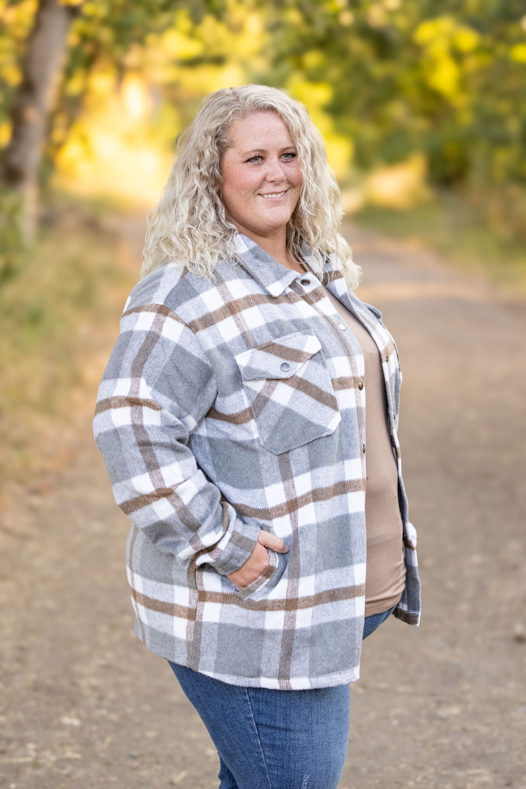 IN STOCK Norah Plaid Shacket - Grey and Tan | Women&