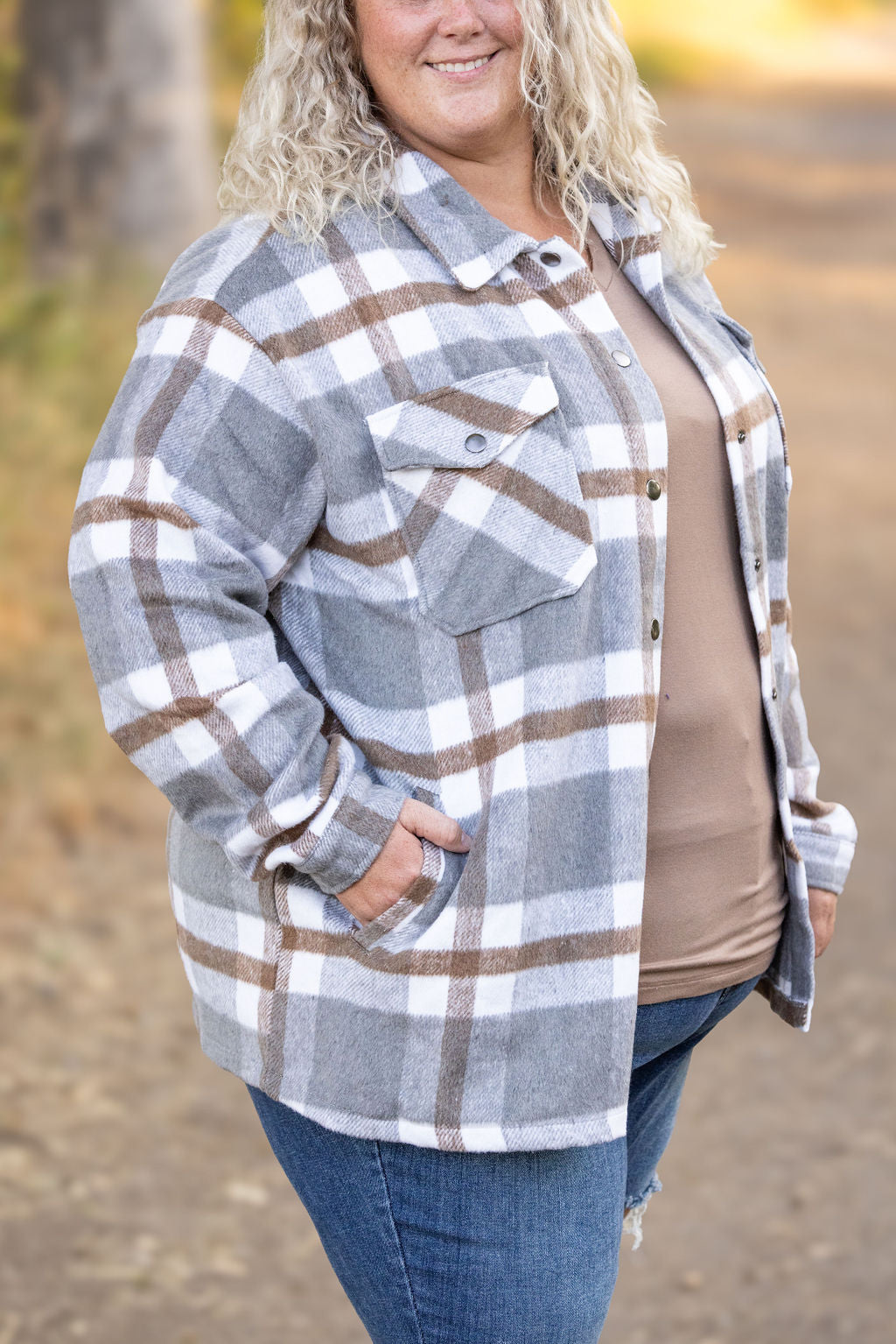 IN STOCK Norah Plaid Shacket - Grey and Tan | Women&