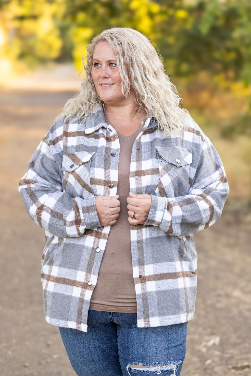 IN STOCK Norah Plaid Shacket - Grey and Tan | Women&