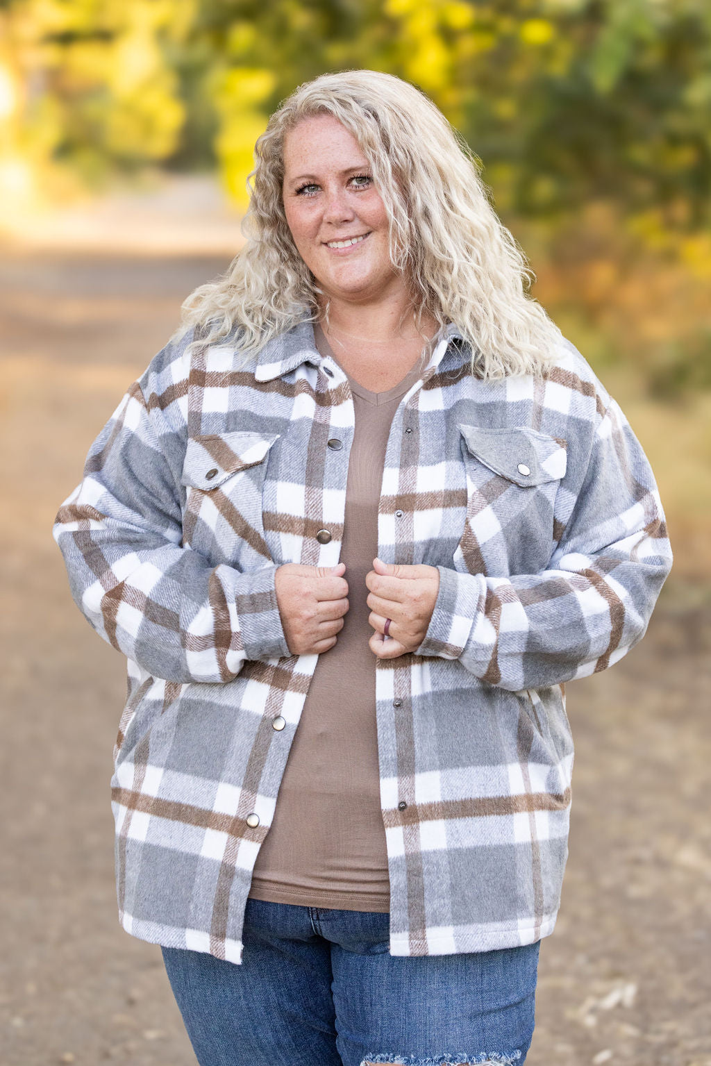 IN STOCK Norah Plaid Shacket - Grey and Tan | Women&