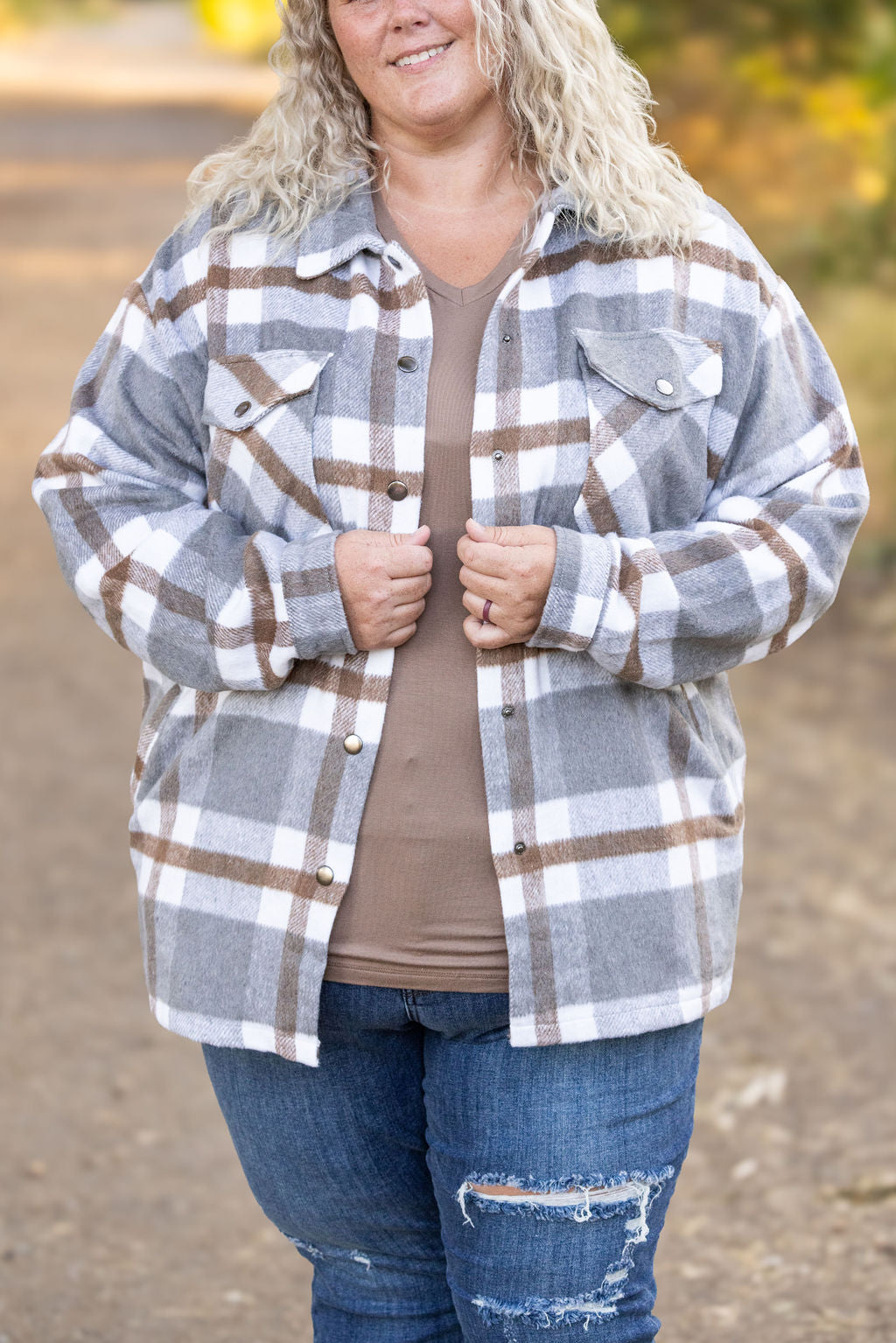 IN STOCK Norah Plaid Shacket - Grey and Tan | Women&