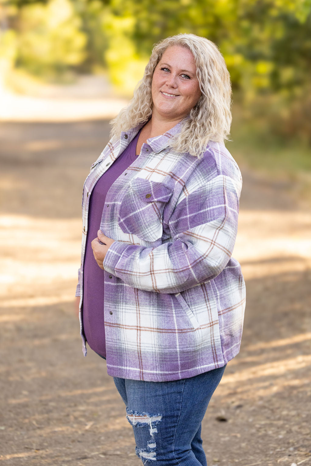 IN STOCK Norah Plaid Shacket - Purple and Gold FINAL SALE