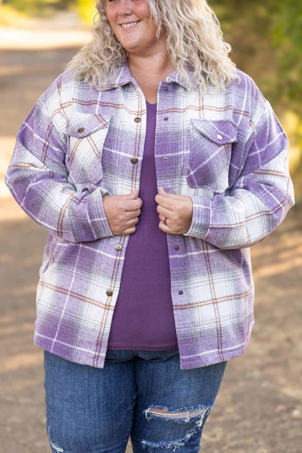 IN STOCK Norah Plaid Shacket - Purple and Gold FINAL SALE