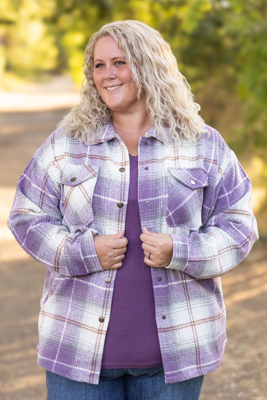 IN STOCK Norah Plaid Shacket - Purple and Gold FINAL SALE