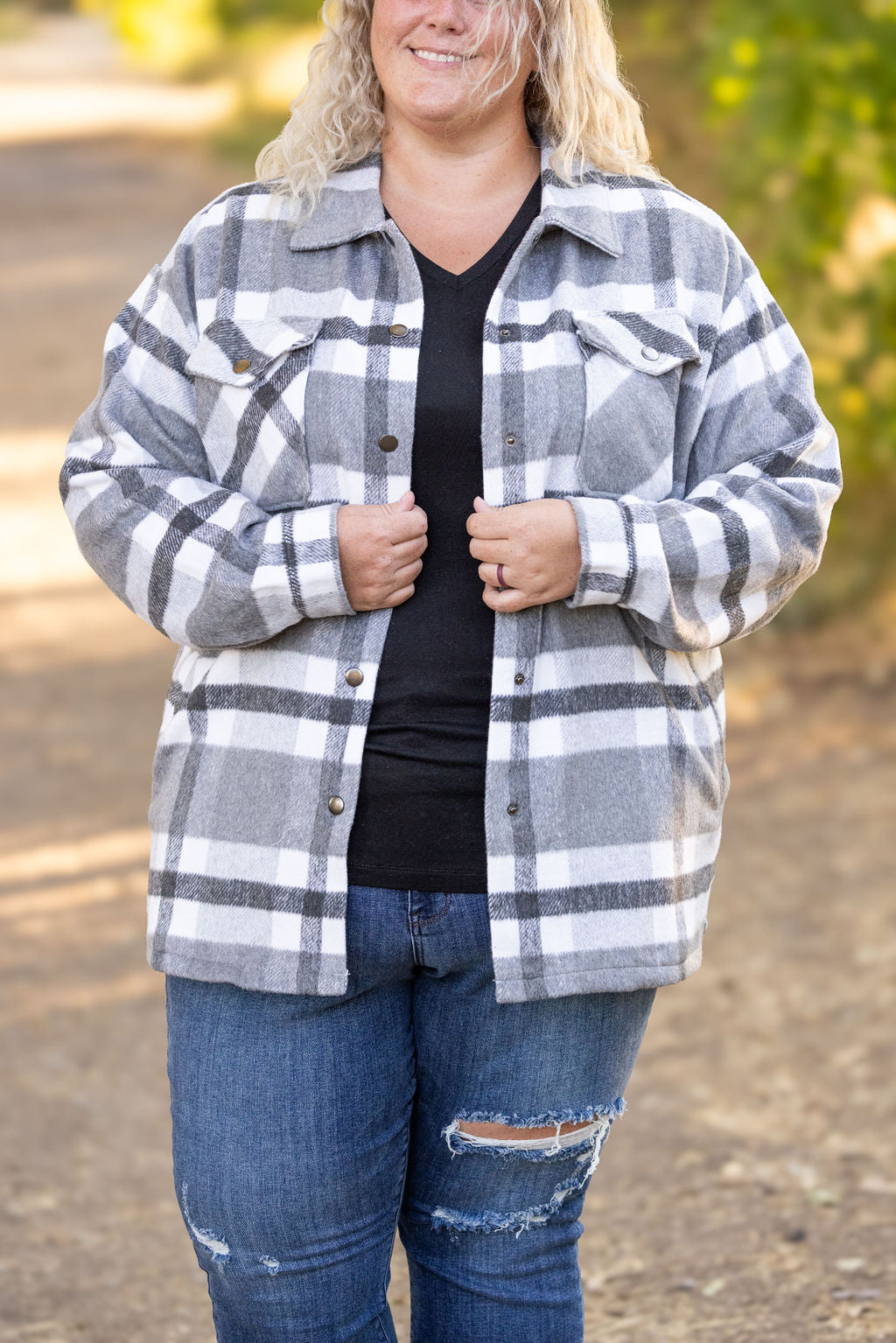 IN STOCK Norah Plaid Shacket - Classic Grey and White | Women&