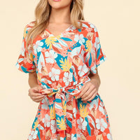 Haptics Tropical Floral Short Sleeve Tied Romper