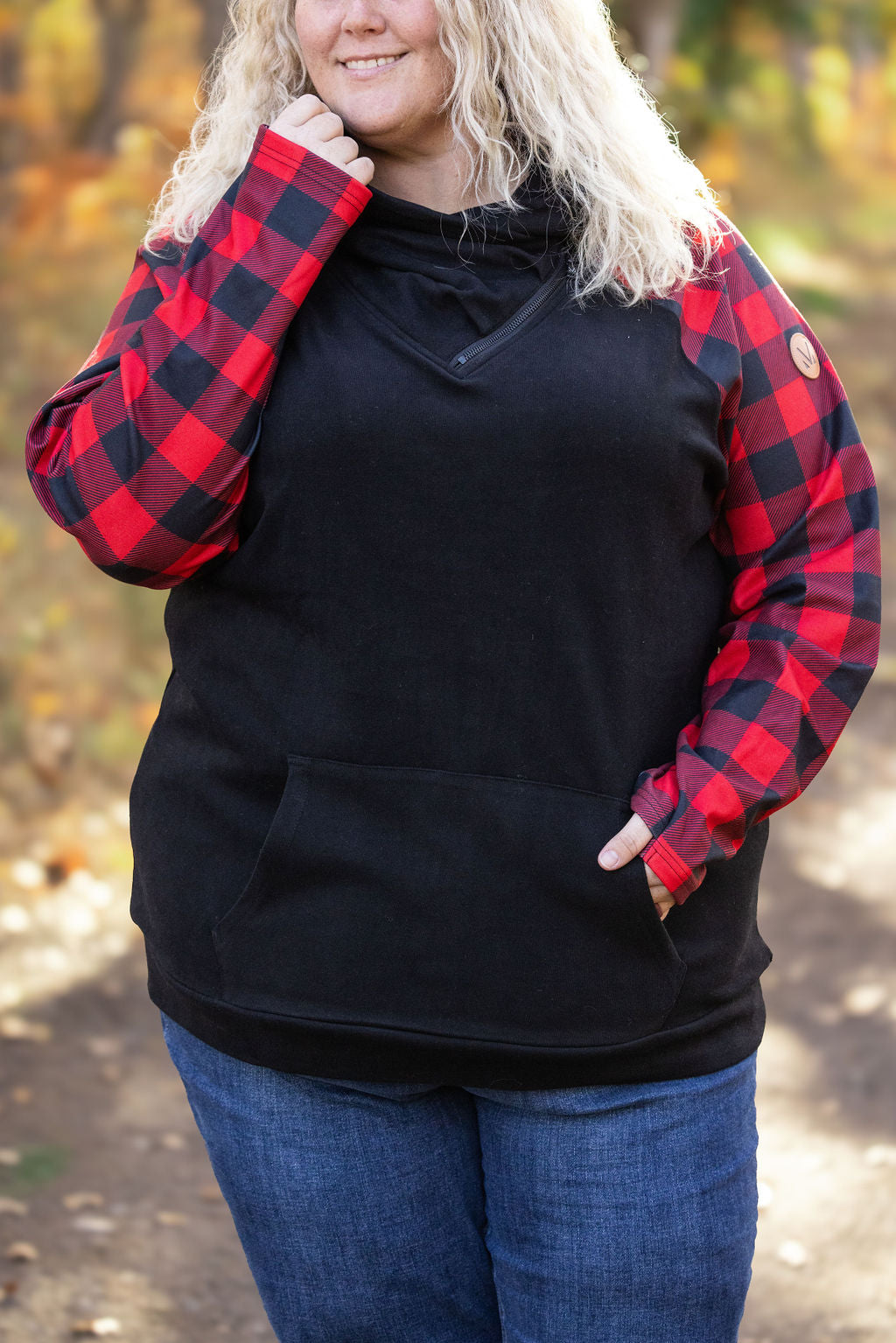 IN STOCK Zoey ZipCowl - Black and Buffalo Plaid