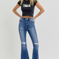 RISEN Full Size High Rise Distressed Raw Hem Flare Jeans