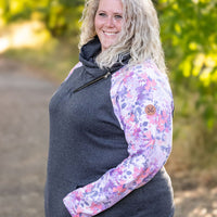 IN STOCK Zoey ZipCowl - Charcoal and Floral Leaves FINAL SALE