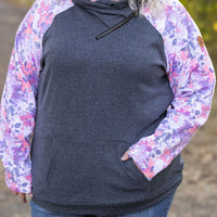 IN STOCK Zoey ZipCowl - Charcoal and Floral Leaves FINAL SALE