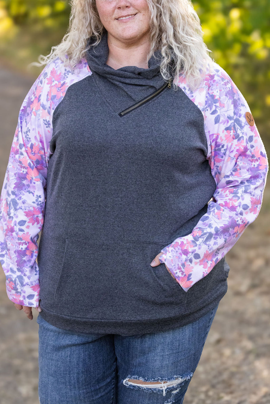 IN STOCK Zoey ZipCowl - Charcoal and Floral Leaves FINAL SALE