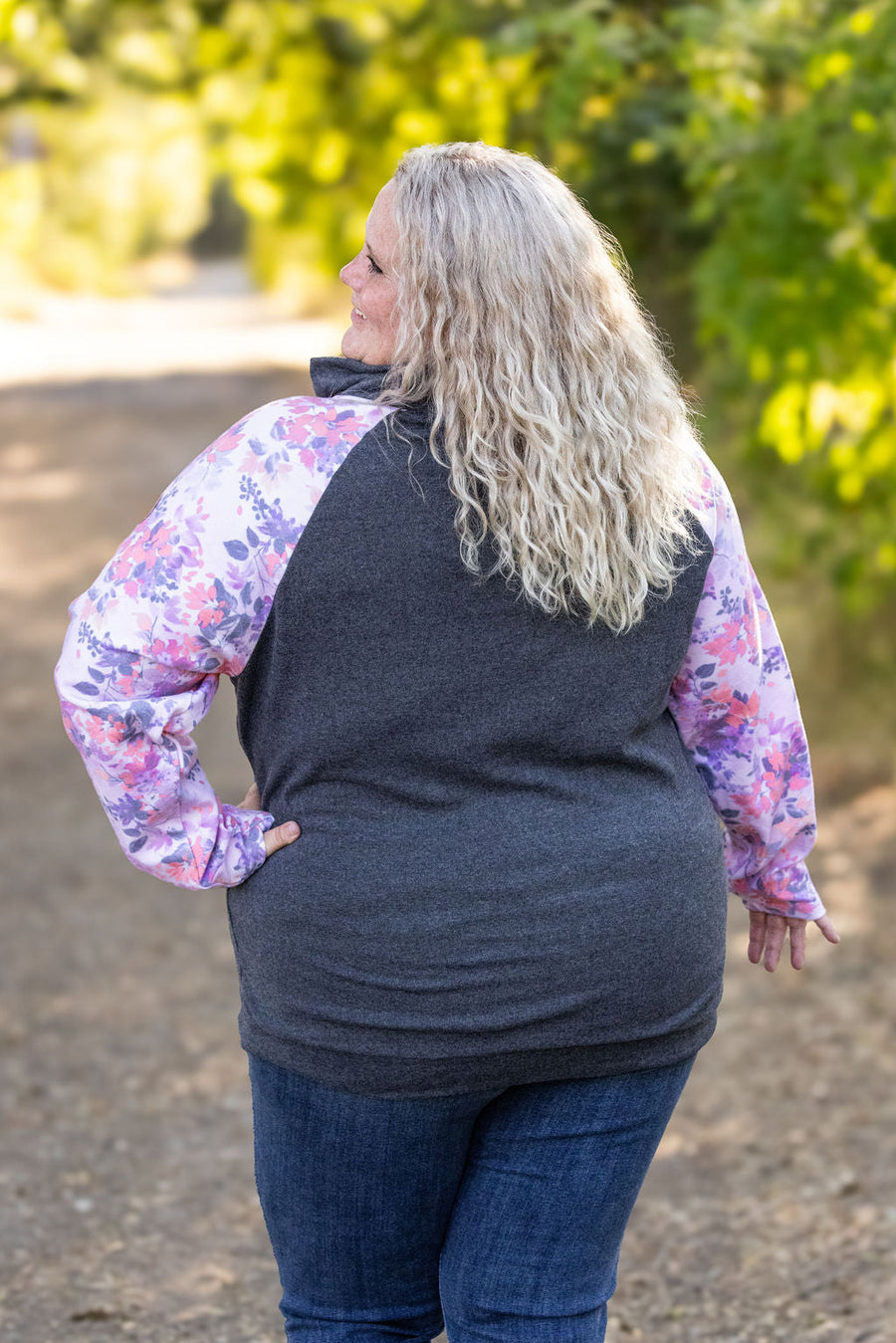 IN STOCK Zoey ZipCowl - Charcoal and Floral Leaves FINAL SALE