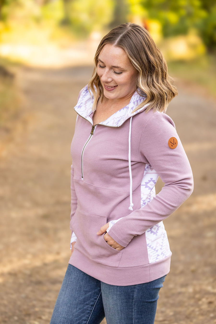 IN STOCK HalfZip Hoodie - Mauve and White Geometric