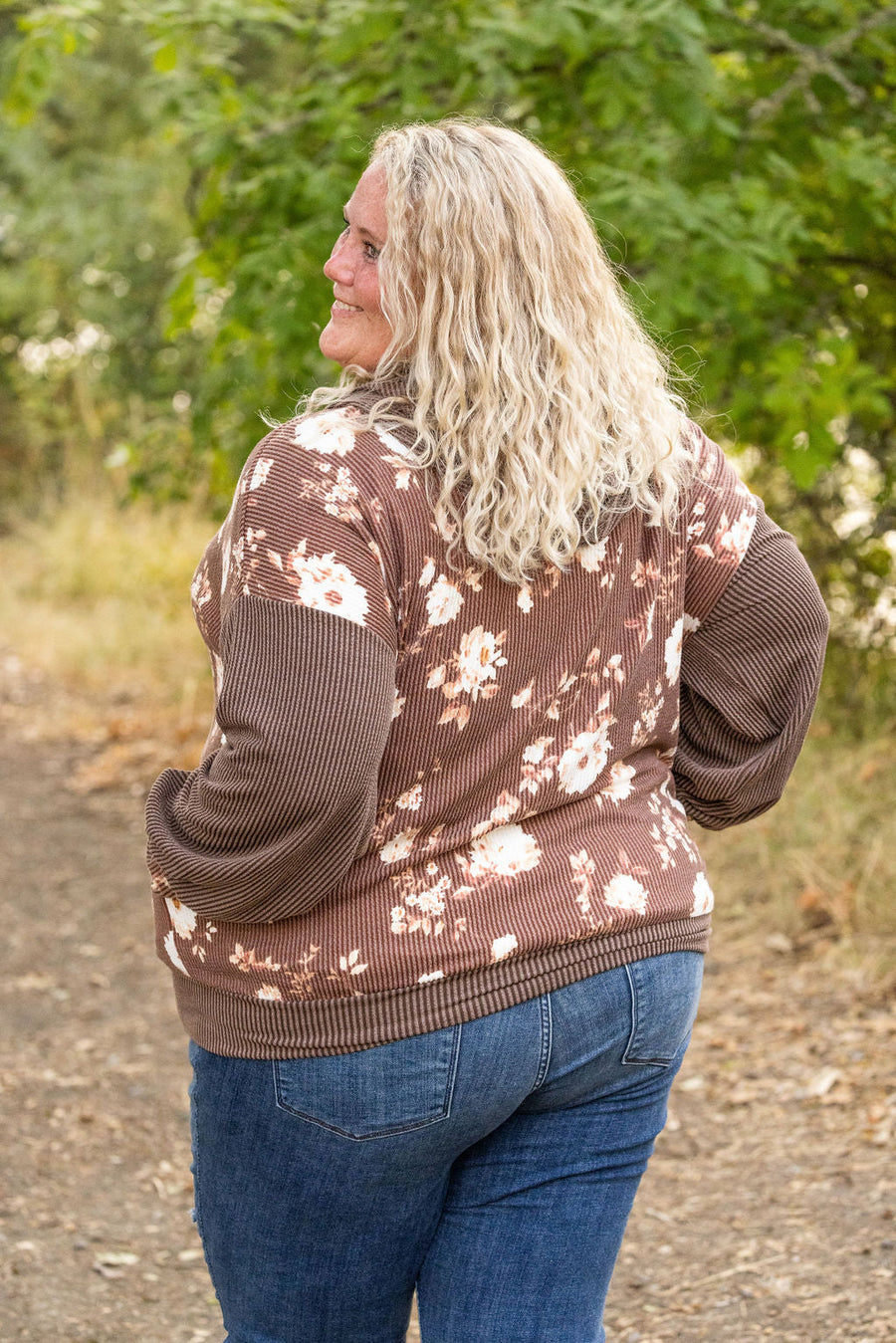 IN STOCK Ramona Ribbed Floral Zip Up - Brown FINAL SALE