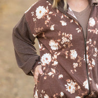 IN STOCK Ramona Ribbed Floral Zip Up - Brown FINAL SALE