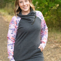 IN STOCK Zoey ZipCowl - Charcoal and Floral Leaves FINAL SALE