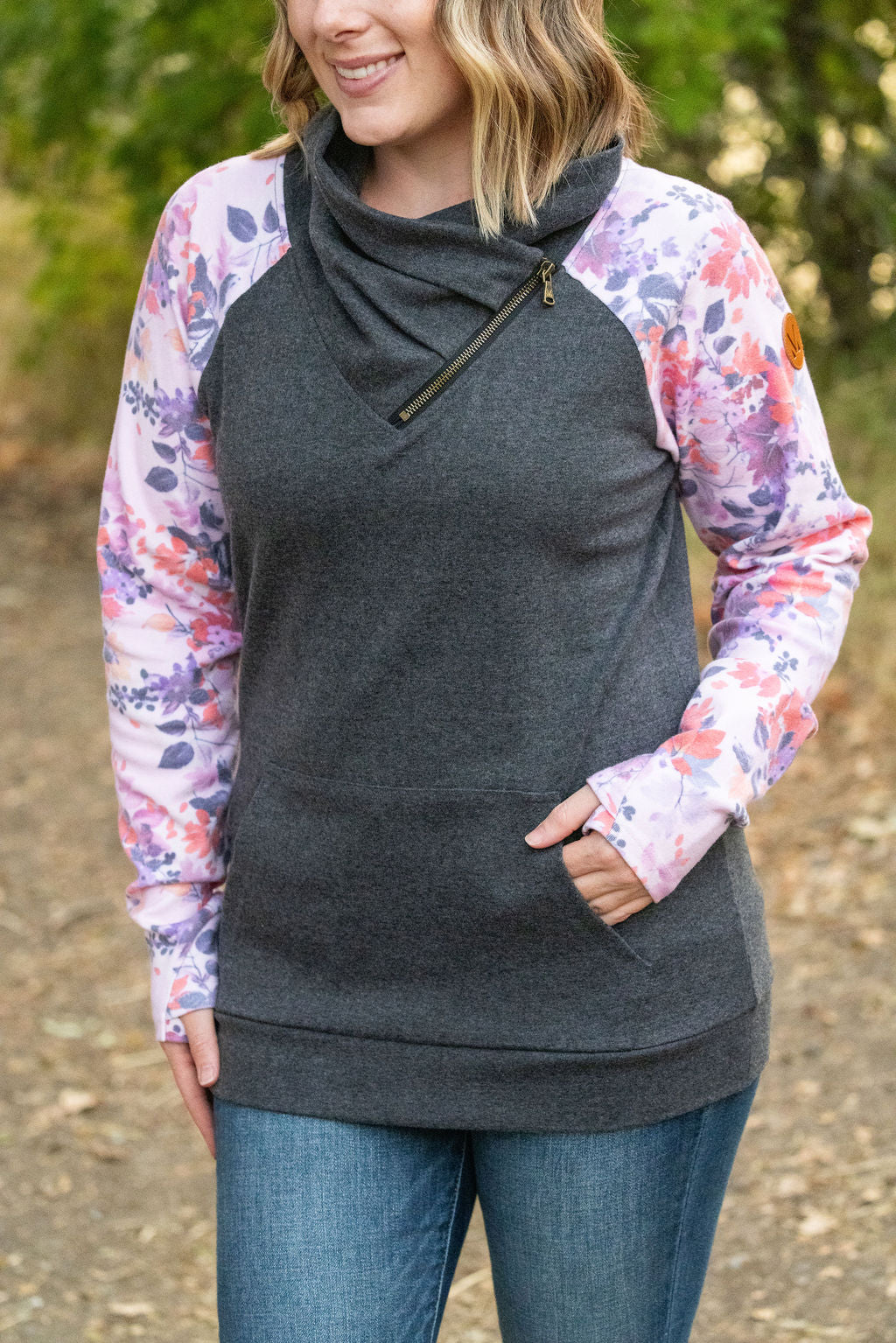 IN STOCK Zoey ZipCowl - Charcoal and Floral Leaves FINAL SALE