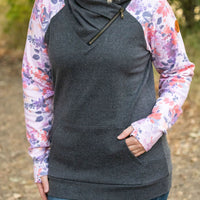 IN STOCK Zoey ZipCowl - Charcoal and Floral Leaves FINAL SALE