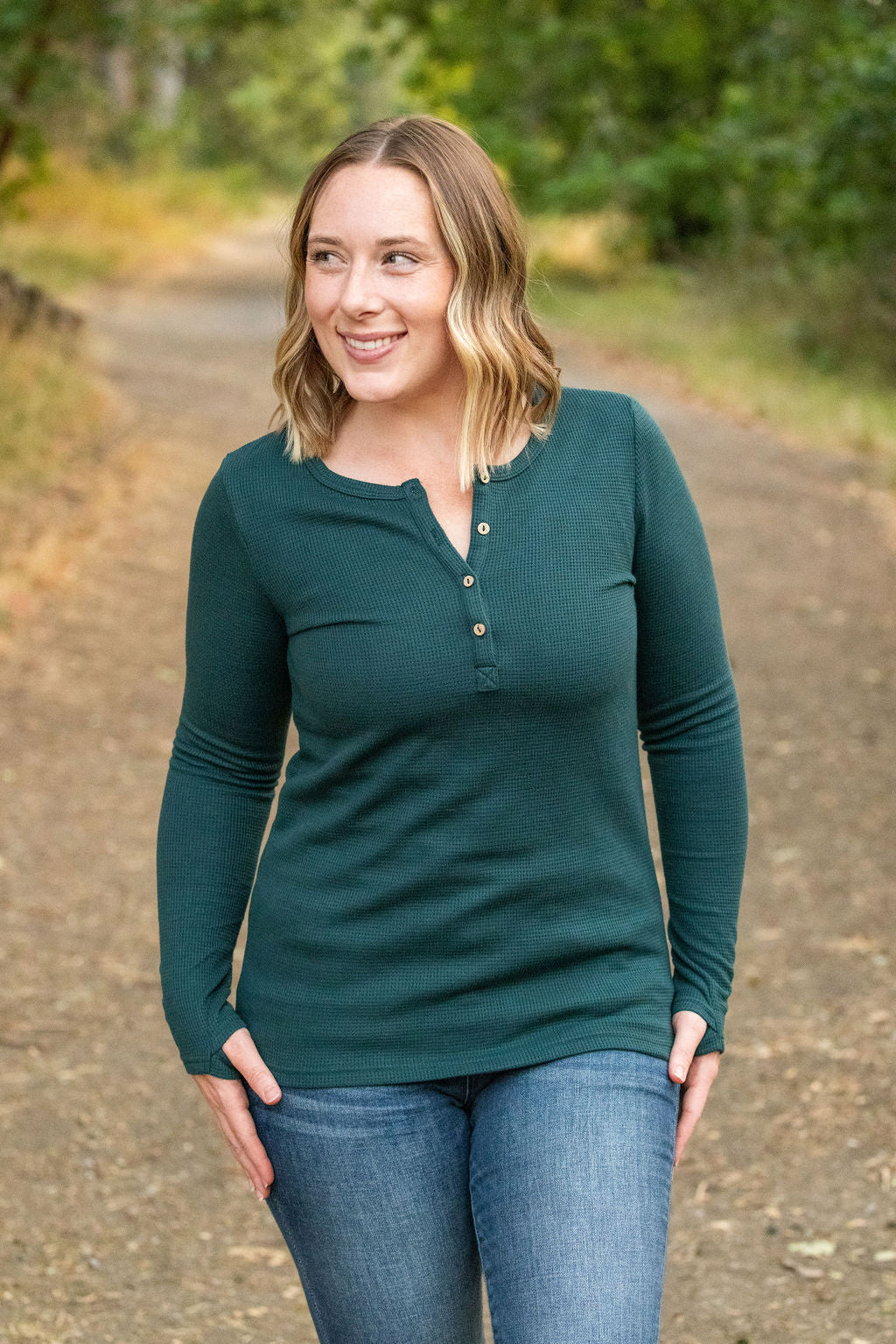 IN STOCK Harper Long Sleeve Henley - Evergreen | Women&