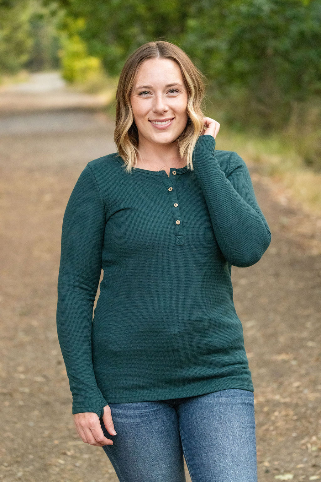 IN STOCK Harper Long Sleeve Henley - Evergreen | Women&