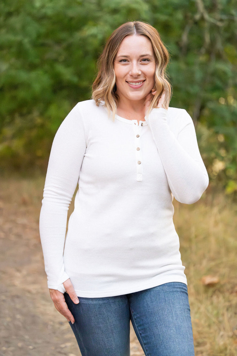 IN STOCK Harper Long Sleeve Henley - White | Women's Cozy Shirt FINAL SALE